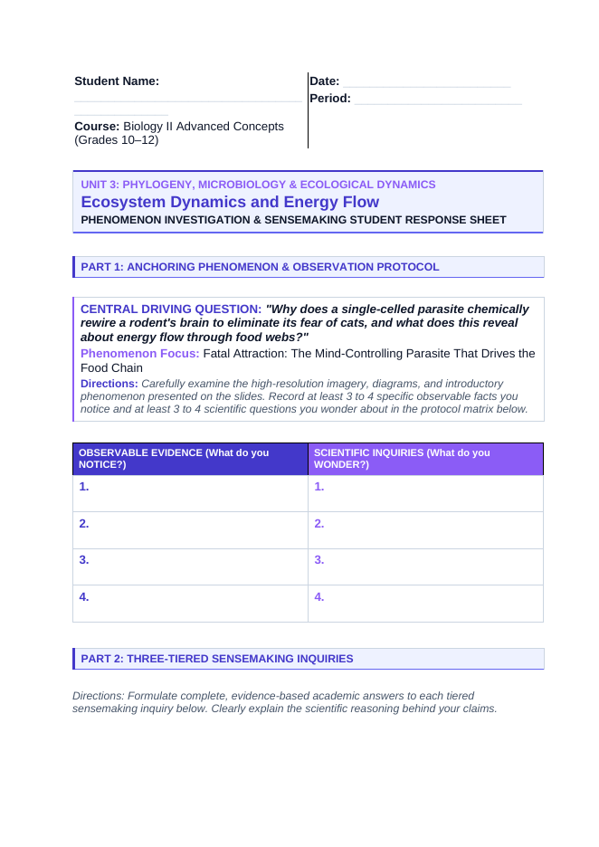 Ecosystem Dynamics & Energy Flow Phenomena-Based Lesson: Fatal Attraction: The Mind-Controlling Parasite That Drives the Food Chain Student Response Sheet sample page
