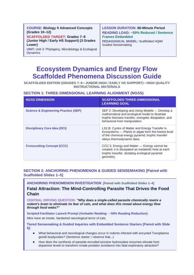 Ecosystem Dynamics & Energy Flow Scaffolded Phenomena-Based Lesson: Fatal Attraction: The Mind-Controlling Parasite That Drives the Food Chain Teacher Discussion Guide sample page