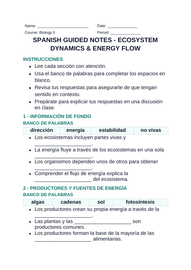 Ecosystem Dynamics & Energy Flow Spanish Guided Notes sample page