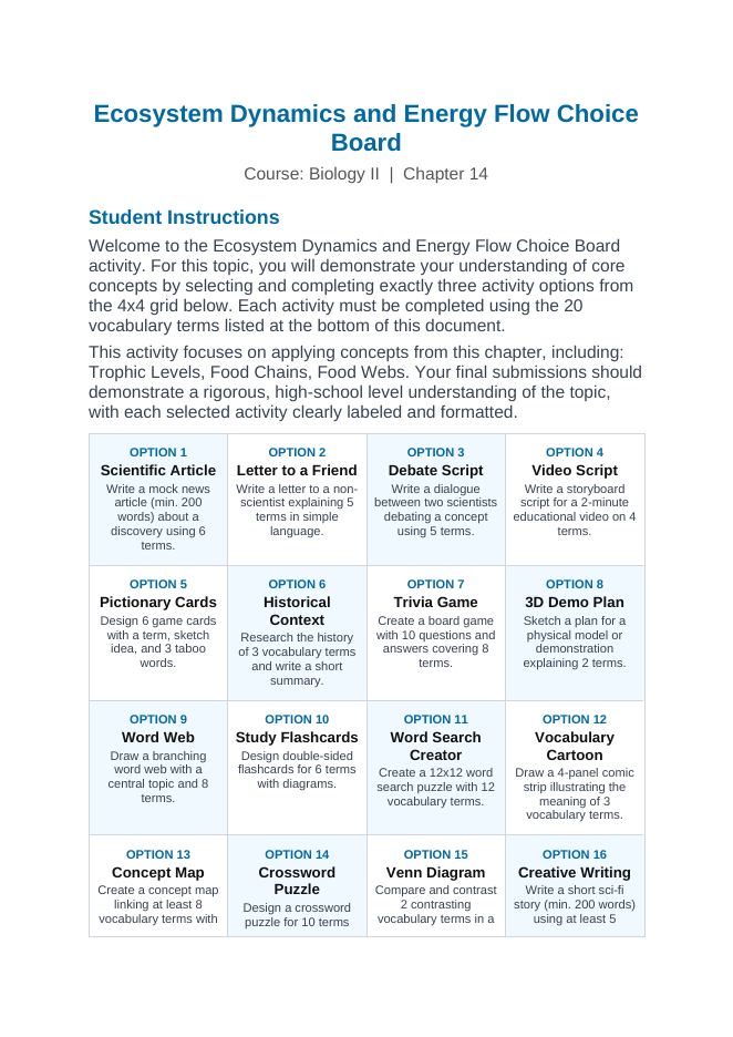 Ecosystem Dynamics & Energy Flow Vocabulary Choice Board sample page