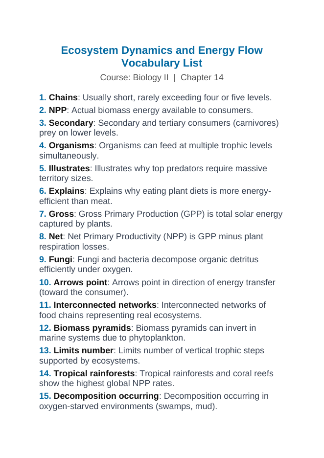 Ecosystem Dynamics & Energy Flow Vocabulary Words & Definitions sample page