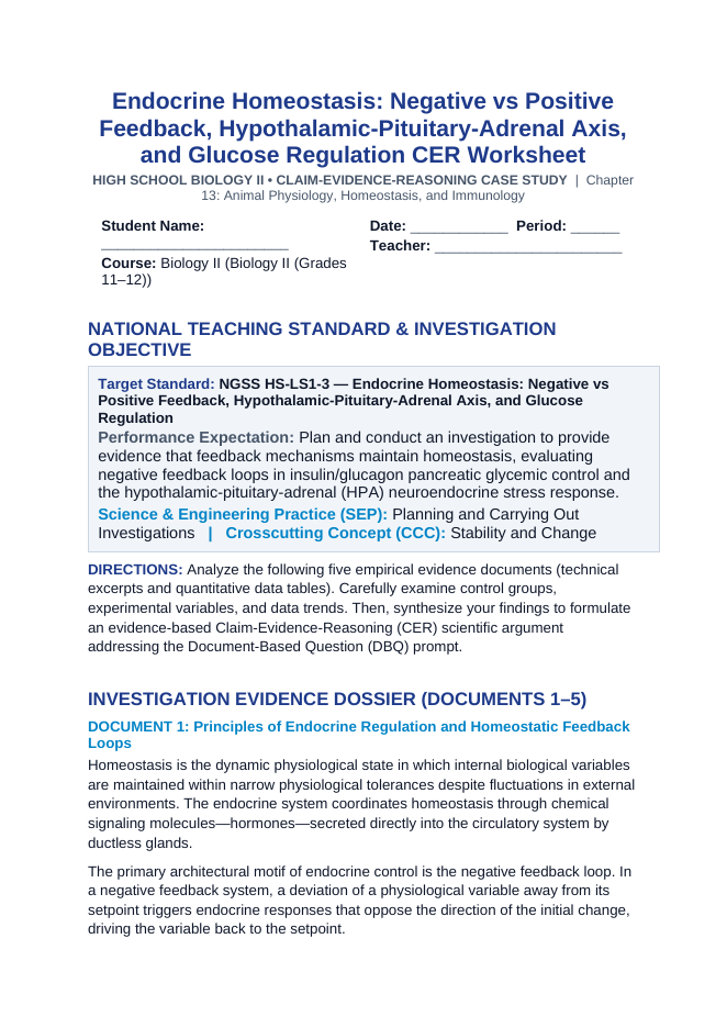 Endocrine Homeostasis: Negative vs Positive Feedback, Hypothalamic-Pituitary-Adrenal Axis, and Glucose Regulation CER Phenomena Worksheet sample page