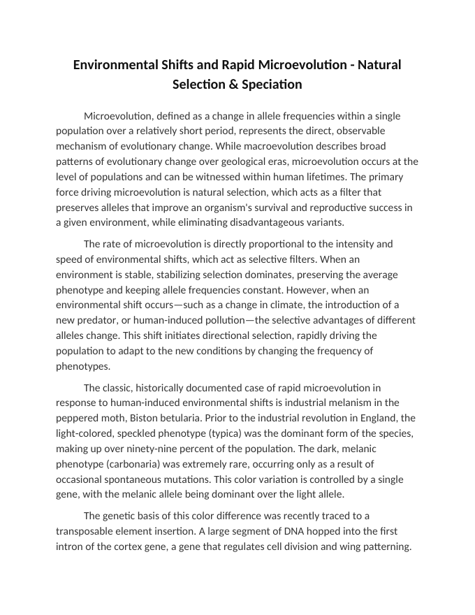 Environmental Shifts and Rapid Microevolution Reading Worksheet sample page