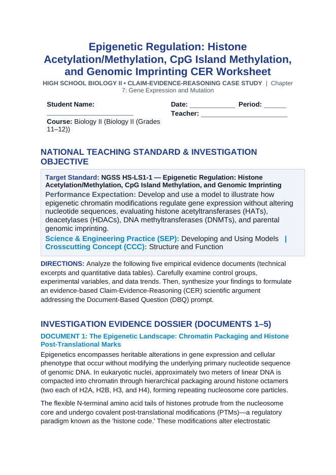 Epigenetic Regulation: Histone Acetylation/Methylation, CpG Island Methylation, and Genomic Imprinting CER Phenomena Worksheet sample page
