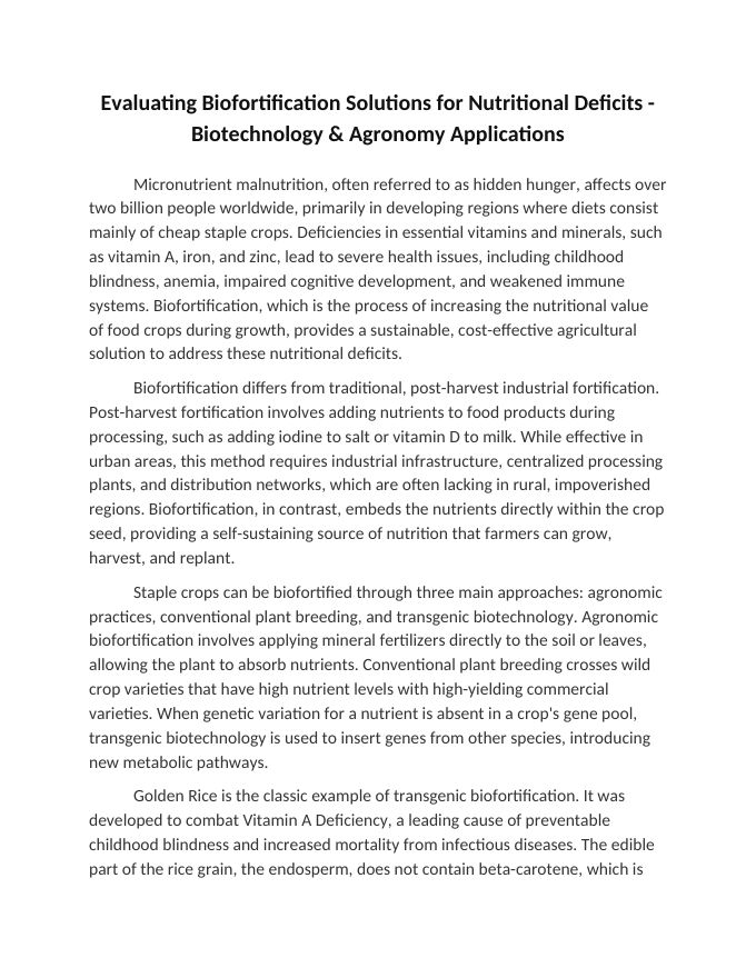 Evaluating Biofortification Solutions for Nutritional Deficits Reading Worksheet sample page
