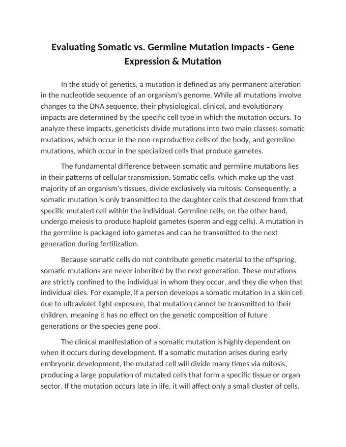Evaluating Somatic vs. Germline Mutation Impacts Reading Worksheet sample page