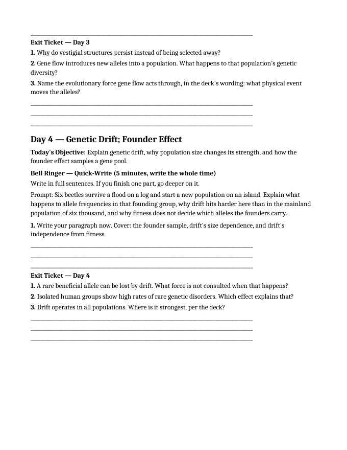 Evidence & Mechanisms of Evolution Bell Ringers & Exit Tickets sample page