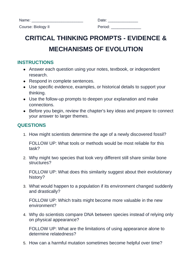 Evidence & Mechanisms of Evolution Critical Thinking Prompts sample page
