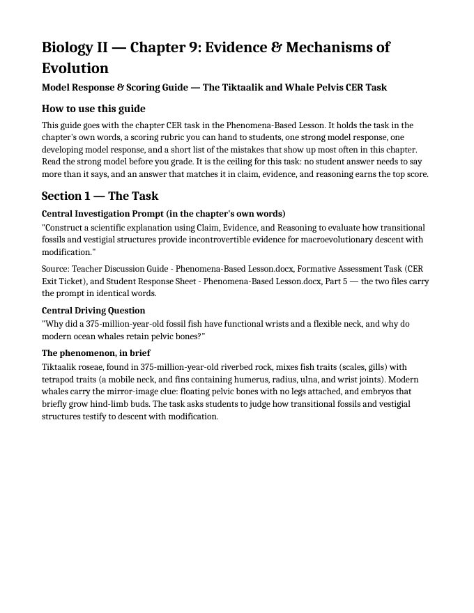 Evidence & Mechanisms of Evolution Model Response & Scoring Guide sample page