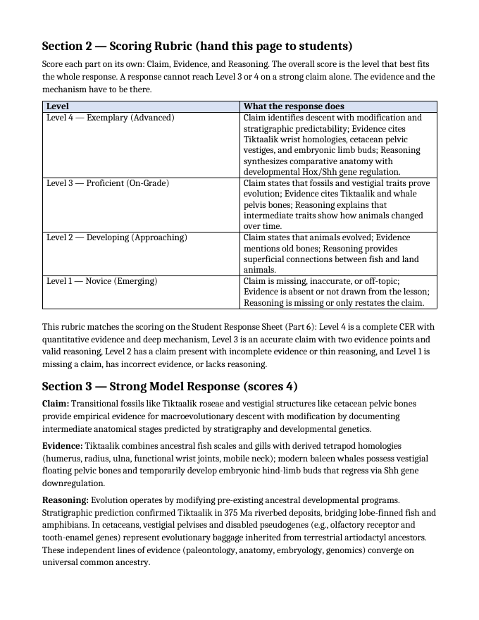 Evidence & Mechanisms of Evolution Model Response & Scoring Guide sample page