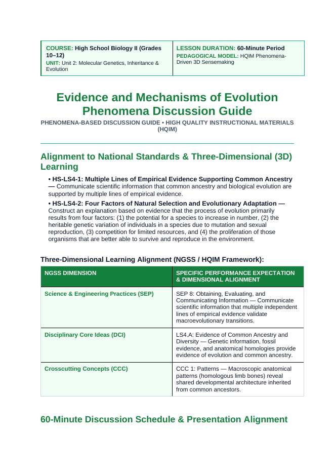 Evidence & Mechanisms of Evolution Phenomena-Based Lesson: The Fish That Did Push-Ups and the Whale with Legs: Transitions in the Fossil Record Teacher Discussion Guide sample page