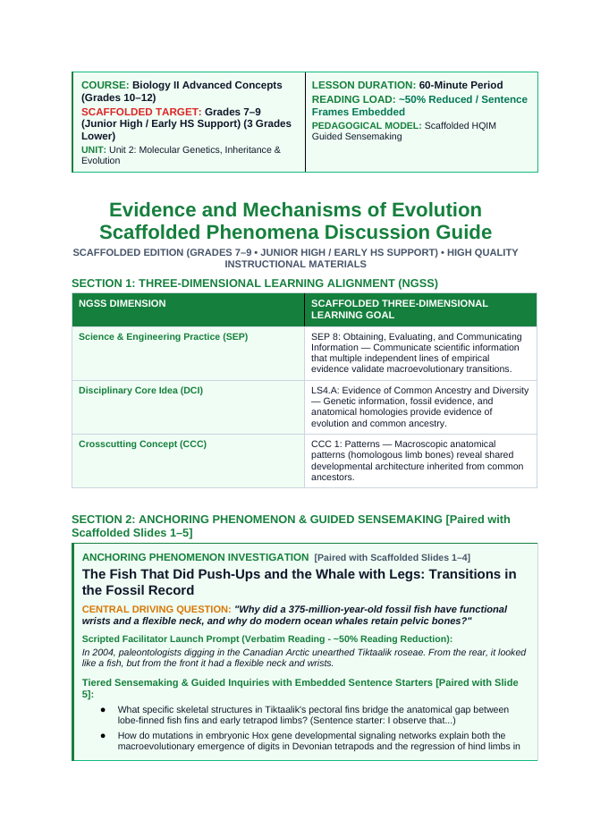 Evidence & Mechanisms of Evolution Scaffolded Phenomena-Based Lesson: The Fish That Did Push-Ups and the Whale with Legs: Transitions in the Fossil Record Teacher Discussion Guide sample page