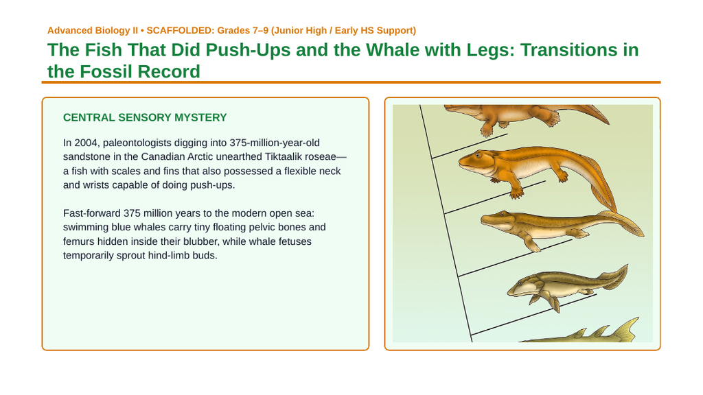 Evidence & Mechanisms of Evolution Scaffolded Phenomena-Based Lesson: The Fish That Did Push-Ups and the Whale with Legs: Transitions in the Fossil Record Presentation sample page