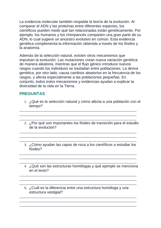 Evidence & Mechanisms of Evolution Spanish Reading Passage & Comprehension Questions sample page