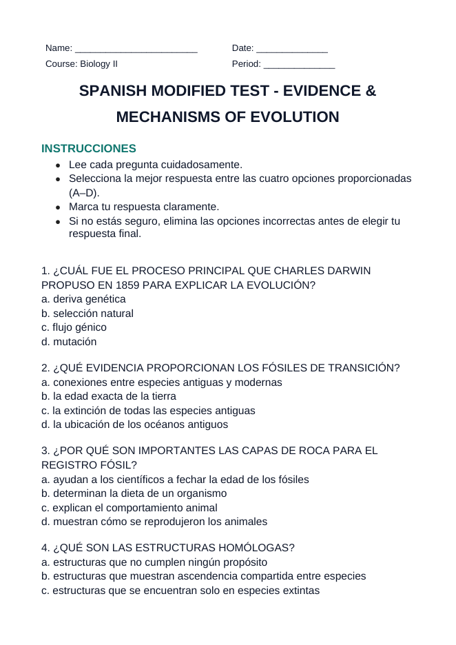 Evidence & Mechanisms of Evolution Spanish Unit Test sample page