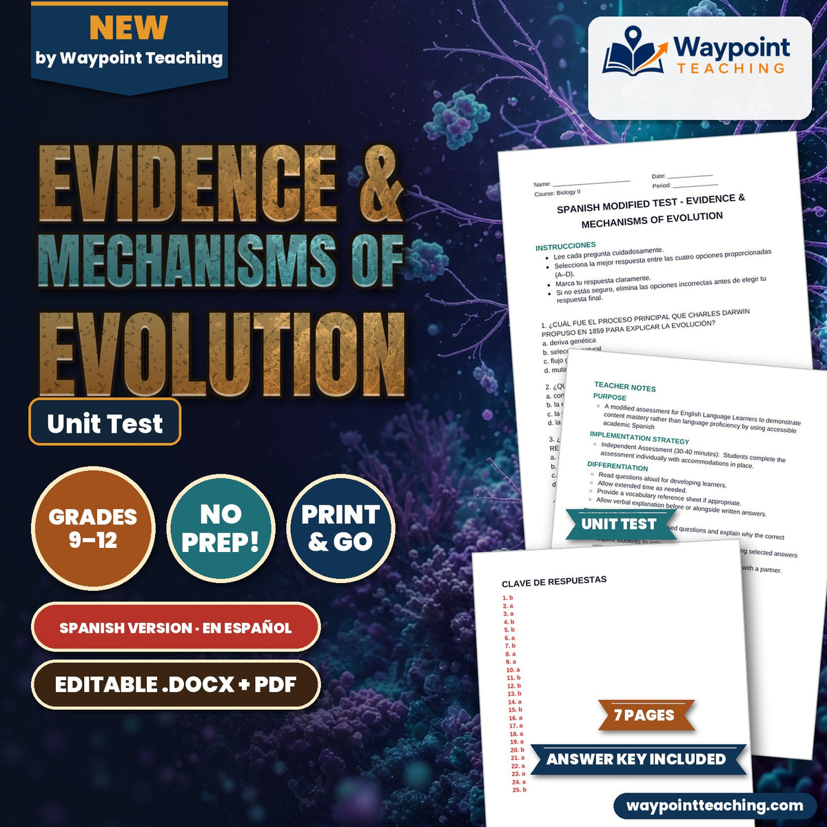 Evidence & Mechanisms of Evolution Spanish Unit Test cover