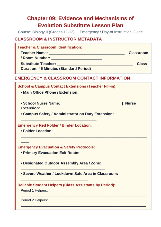Evidence & Mechanisms of Evolution Substitute Lesson Plan sample page