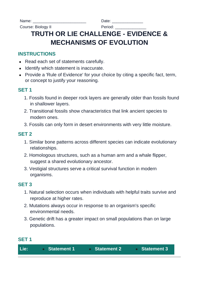 Evidence & Mechanisms of Evolution Truth or Lie Challenge sample page