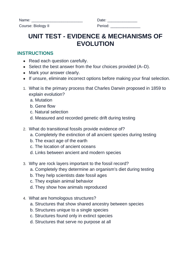 Evidence & Mechanisms of Evolution Unit Test sample page