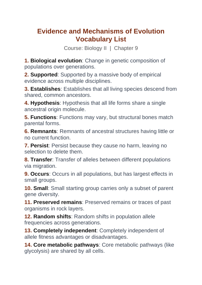Evidence & Mechanisms of Evolution Vocabulary Words & Definitions sample page