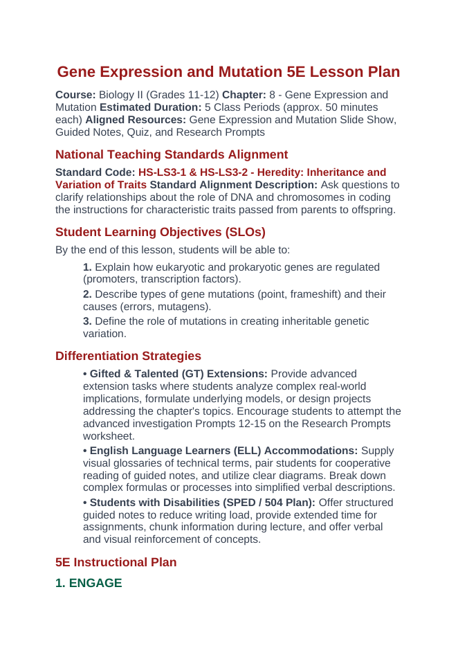Gene Expression & Mutation 5E Lesson Plan sample page