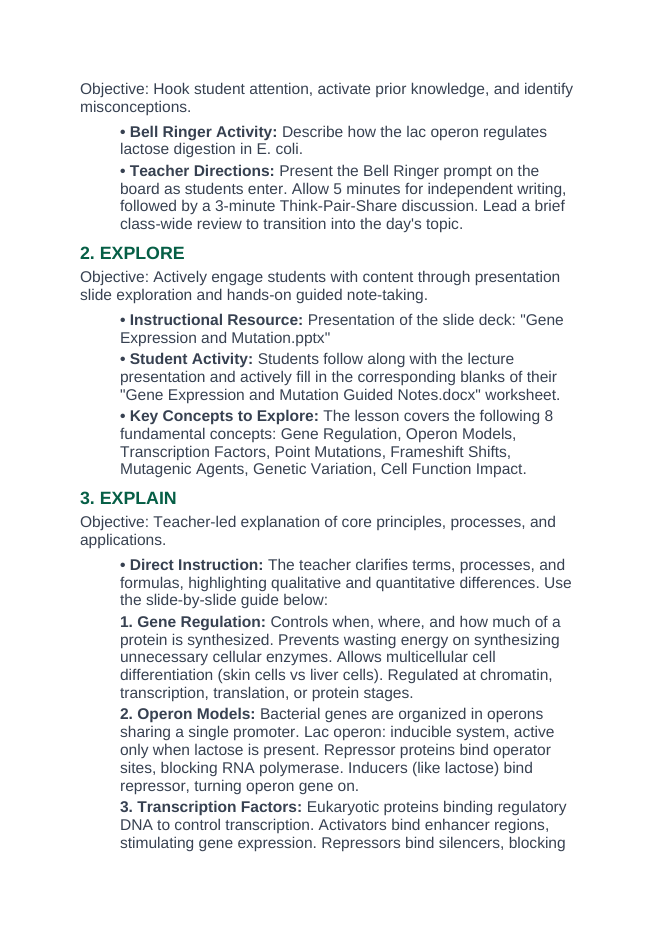 Gene Expression & Mutation 5E Lesson Plan sample page