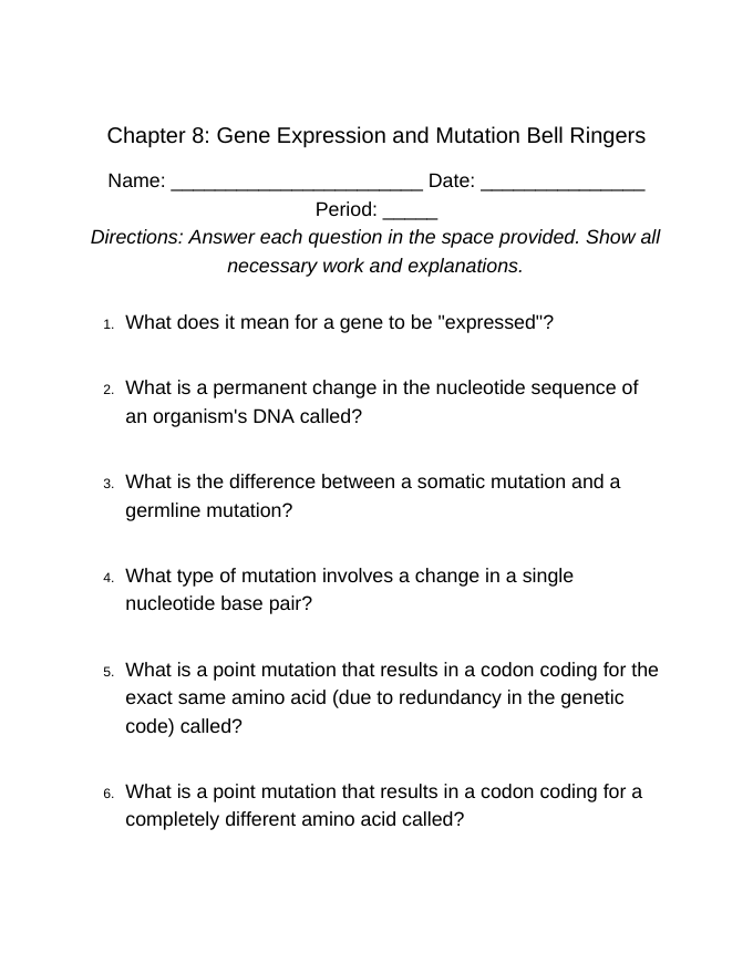 Gene Expression & Mutation Bell Ringers & Exit Tickets sample page