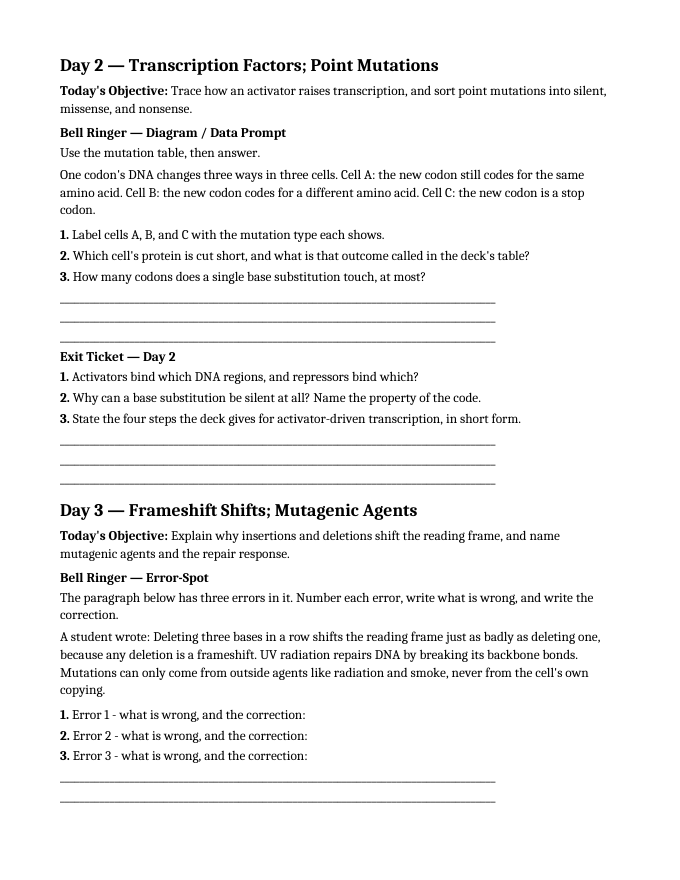 Gene Expression & Mutation Bell Ringers & Exit Tickets sample page