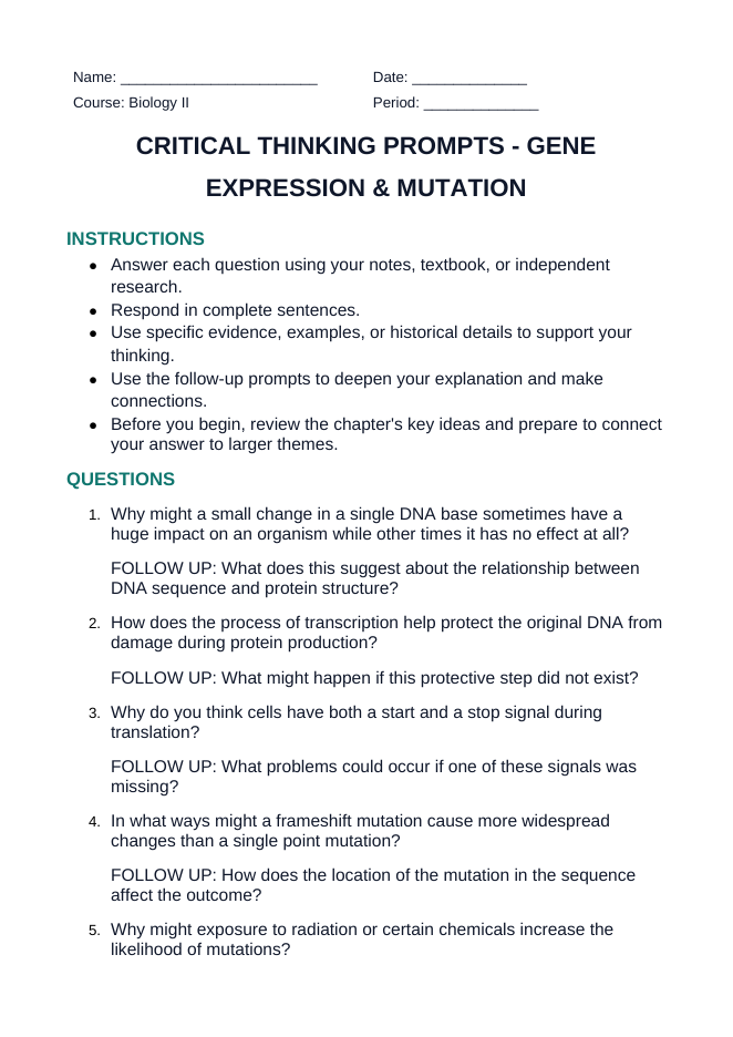 Gene Expression & Mutation Critical Thinking Prompts sample page