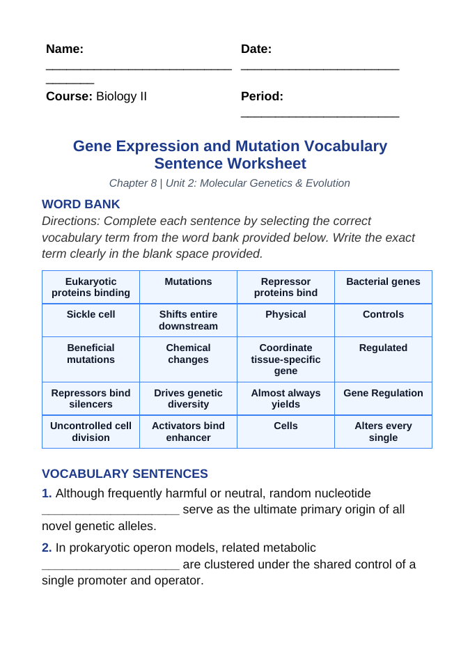 Gene Expression & Mutation Fill-in-the-Blank Vocabulary Worksheet sample page