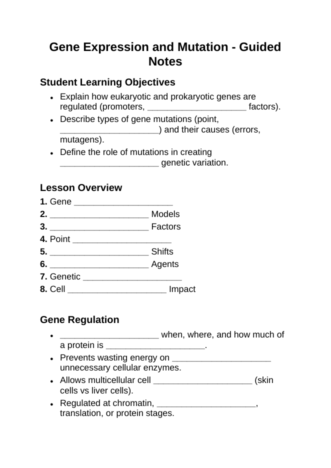 Gene Expression & Mutation Guided Notes sample page