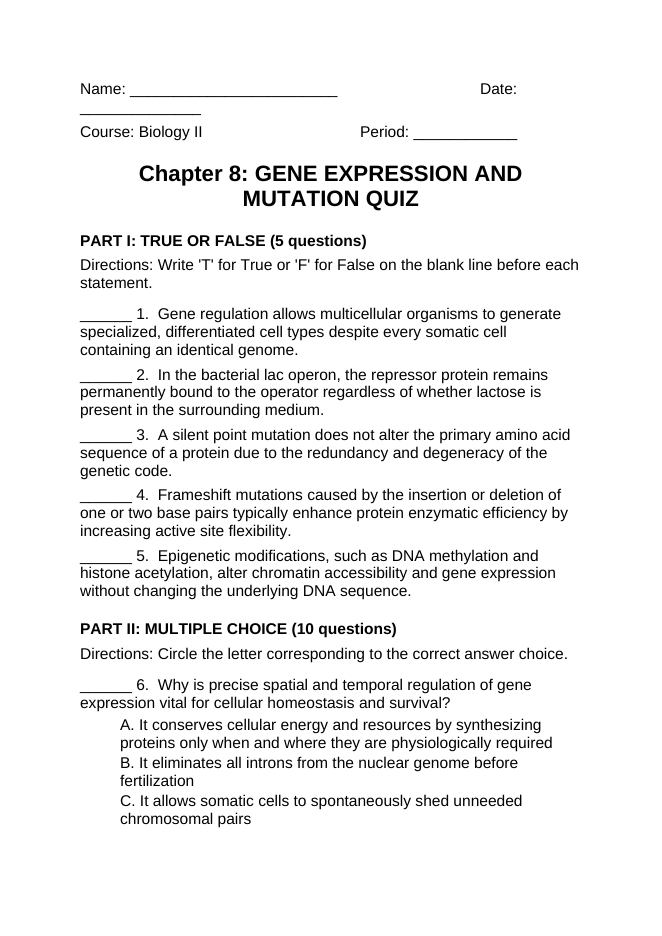 Gene Expression & Mutation Lesson Quiz sample page