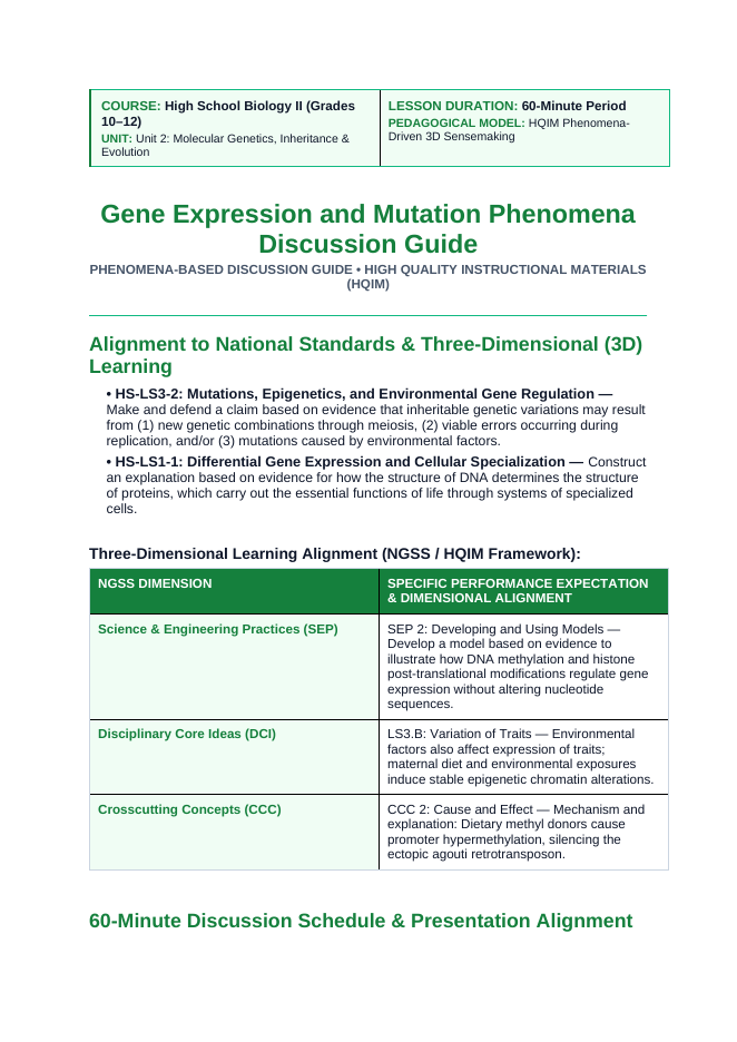 Gene Expression & Mutation Phenomena-Based Lesson: The Tale of Two Mice: Identical DNA, Opposite Lives via Epigenetic Methylation Teacher Discussion Guide sample page