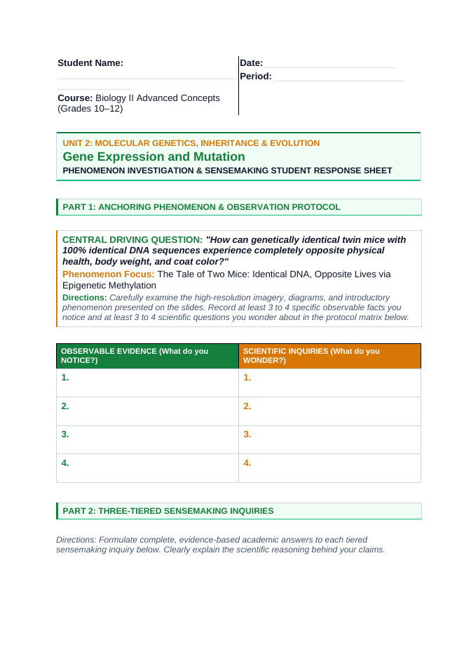 Gene Expression & Mutation Phenomena-Based Lesson: The Tale of Two Mice: Identical DNA, Opposite Lives via Epigenetic Methylation Student Response Sheet sample page