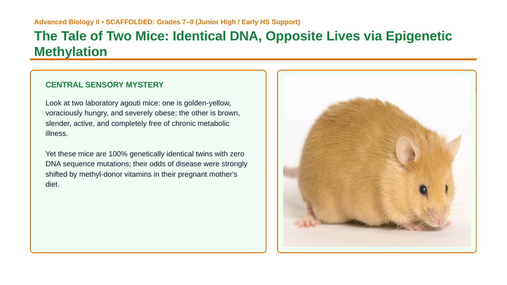 Gene Expression & Mutation Scaffolded Phenomena-Based Lesson: The Tale of Two Mice: Identical DNA, Opposite Lives via Epigenetic Methylation Presentation sample page
