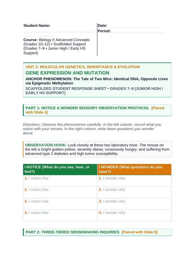 Gene Expression & Mutation Scaffolded Phenomena-Based Lesson: The Tale of Two Mice: Identical DNA, Opposite Lives via Epigenetic Methylation Student Response Sheet sample page
