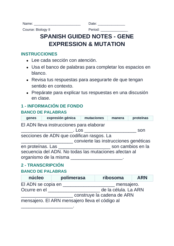 Gene Expression & Mutation Spanish Guided Notes sample page
