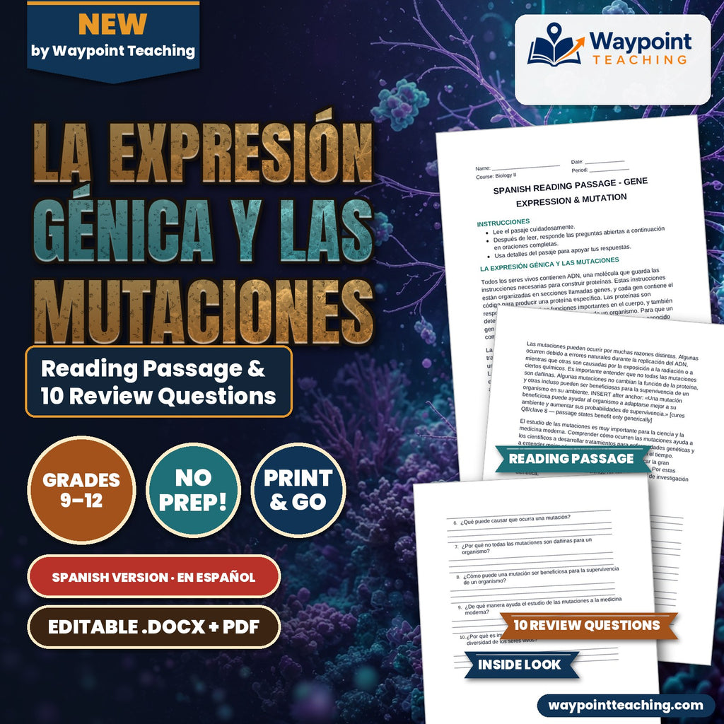 Gene Expression & Mutation Spanish Reading Passage & Comprehension Questions cover