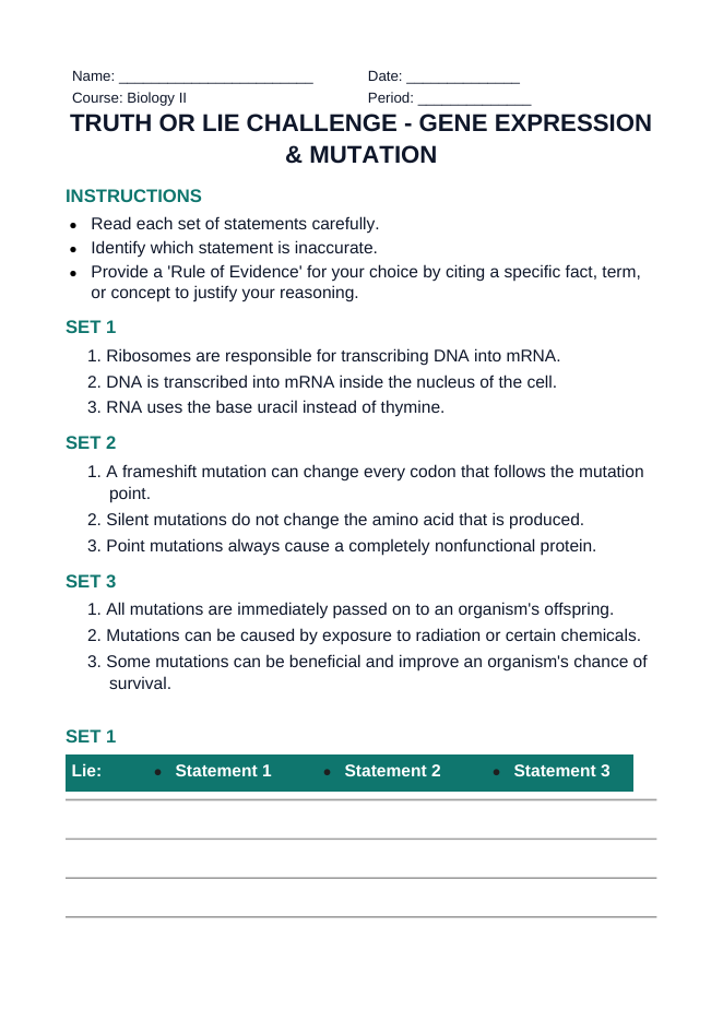 Gene Expression & Mutation Truth or Lie Challenge sample page