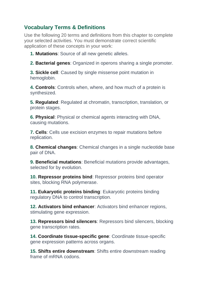 Gene Expression & Mutation Vocabulary Choice Board sample page