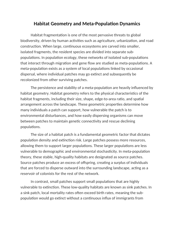 Habitat Geometry and Meta-Population Dynamics Reading Worksheet sample page