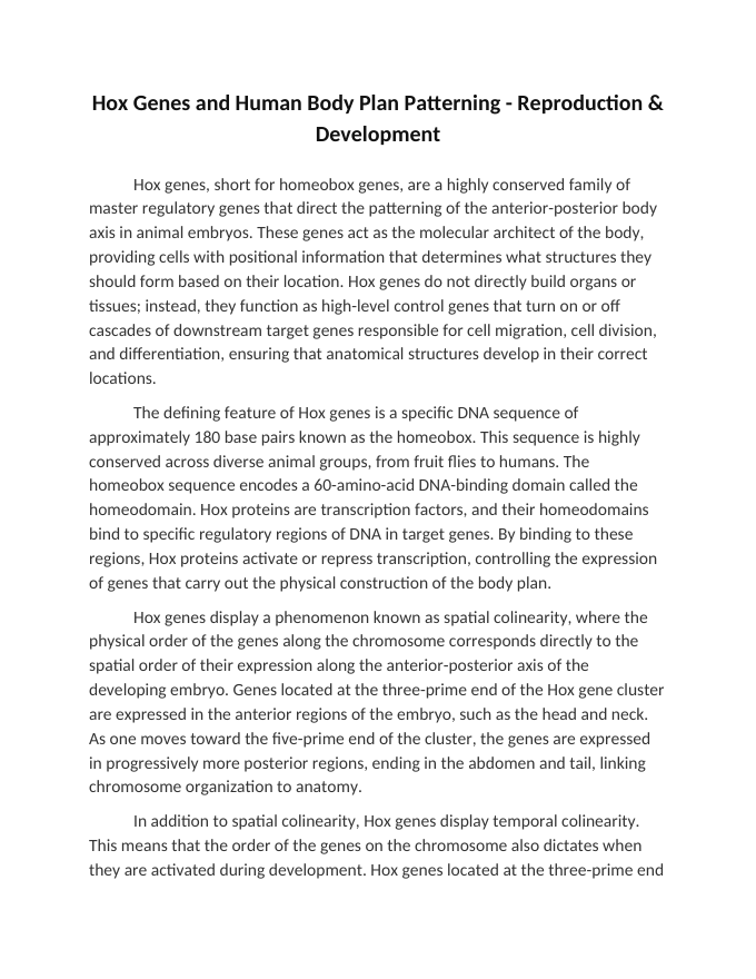 Hox Genes and Human Body Plan Patterning Reading Worksheet sample page