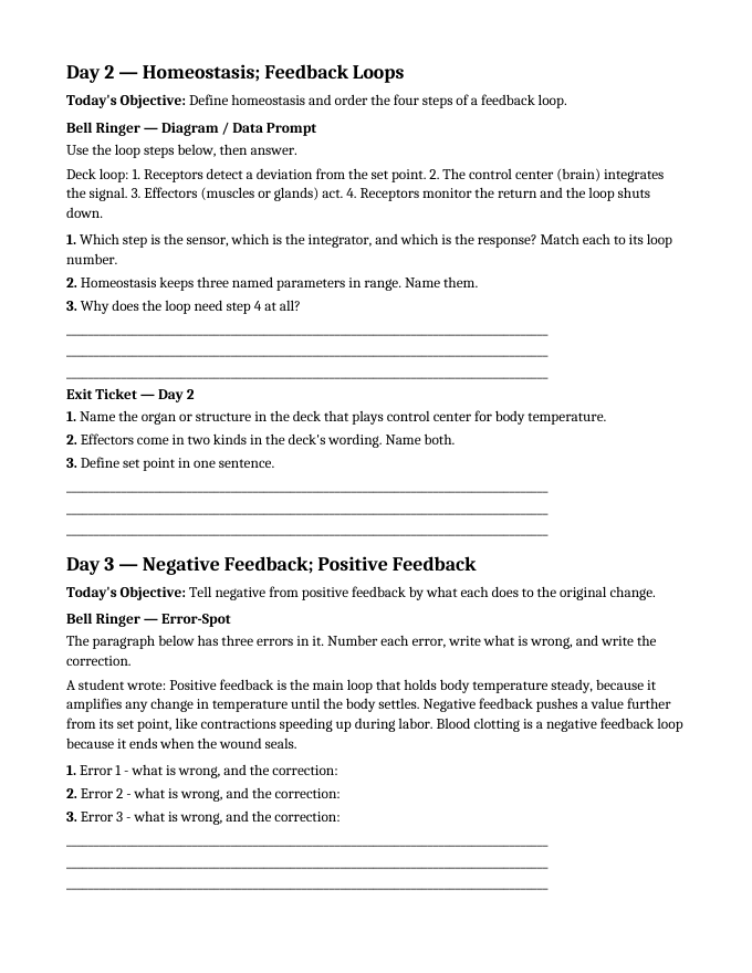 Human Body Systems & Homeostasis Bell Ringers & Exit Tickets sample page