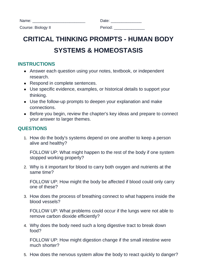 Human Body Systems & Homeostasis Critical Thinking Prompts sample page