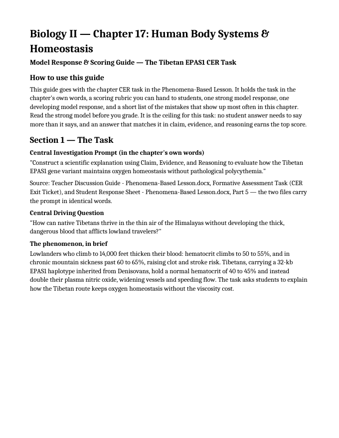 Human Body Systems & Homeostasis Model Response & Scoring Guide sample page