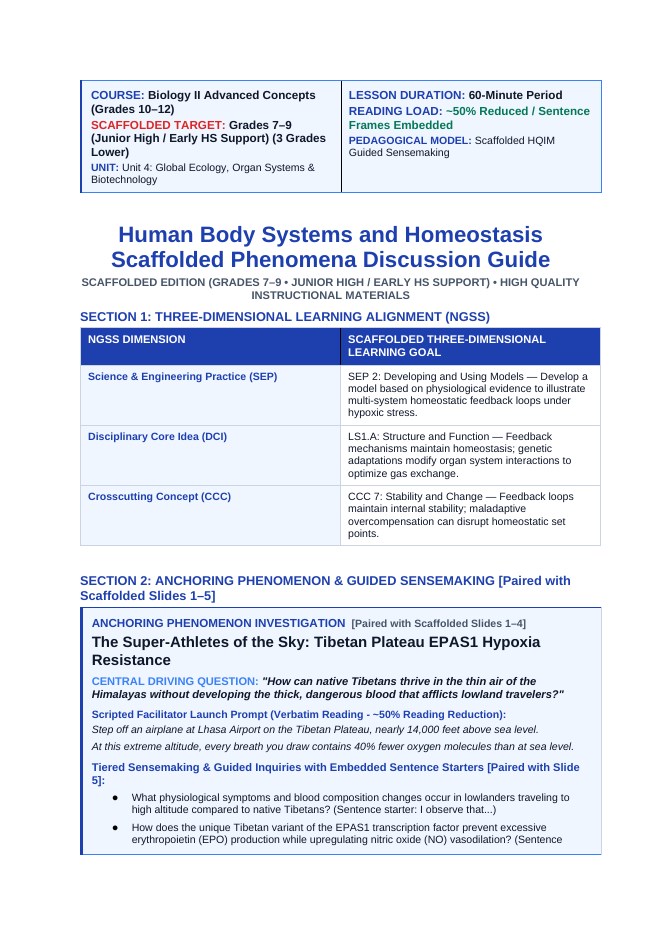 Human Body Systems & Homeostasis Scaffolded Phenomena-Based Lesson: The Super-Athletes of the Sky: Tibetan Plateau EPAS1 Hypoxia Resistance Teacher Discussion Guide sample page