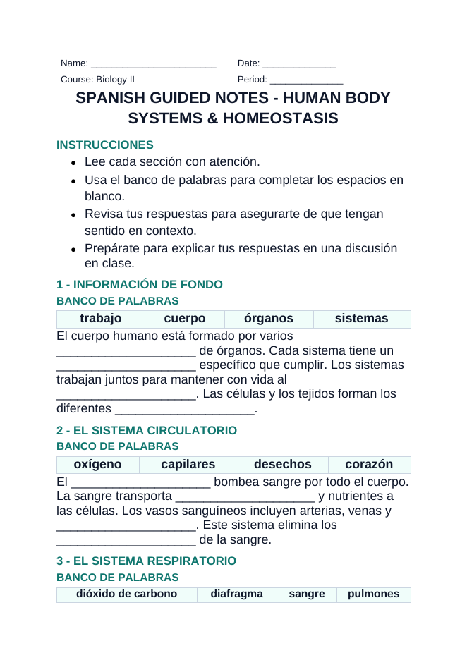 Human Body Systems & Homeostasis Spanish Guided Notes sample page