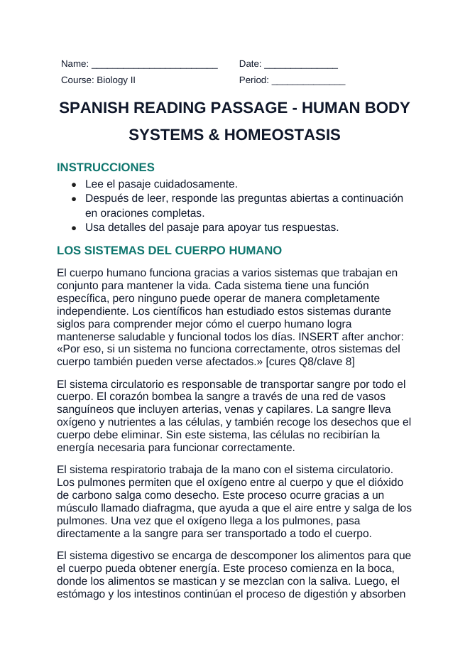 Human Body Systems & Homeostasis Spanish Reading Passage & Comprehension Questions sample page