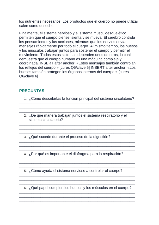 Human Body Systems & Homeostasis Spanish Reading Passage & Comprehension Questions sample page