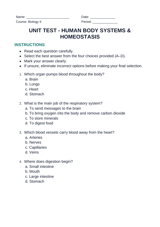 Human Body Systems & Homeostasis Unit Test sample page